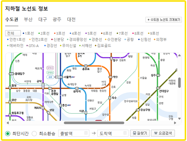 네이버 지하철 실시간 노선 도착정보 바로가기